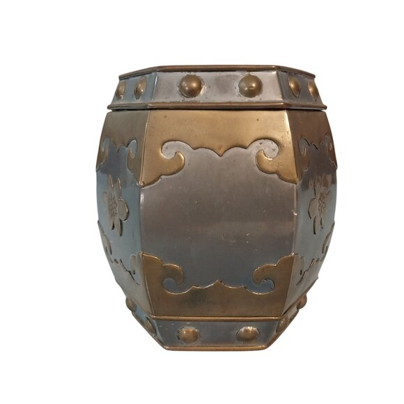 Vintage Hong Kong Pewter & Brass Tea Caddy Tobacco Jar Bat Lotus 1930s 4" - Picture 2 of 7